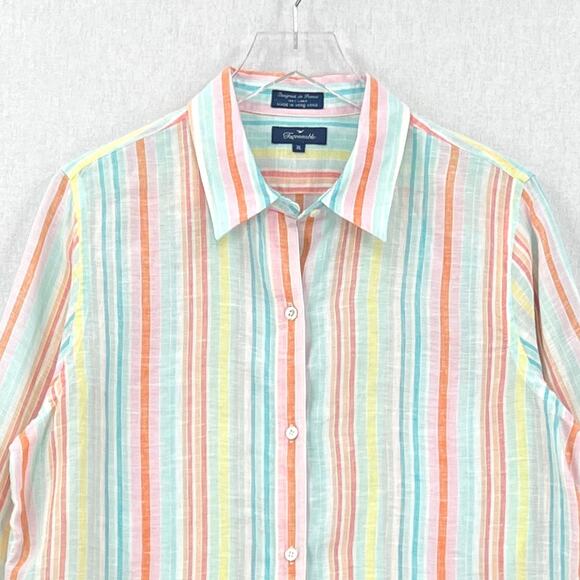 FACONNABLE Linen Button up Shirt Womens XL White Aqua Orange Striped Long Sleeve - Picture 4 of 12